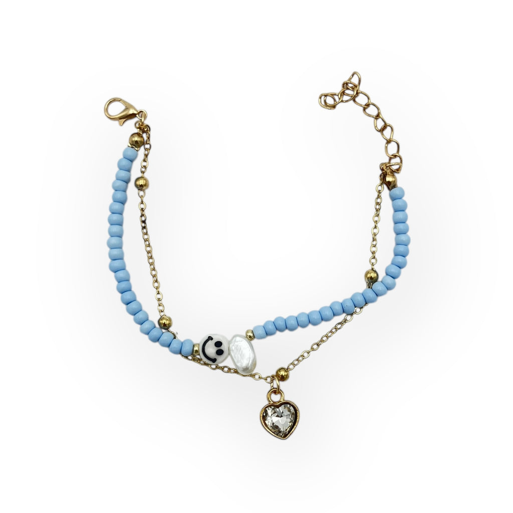 Pulsera Doble Capa con Cuentas y Carita Feliz Azul - Paquete de 12 piezas 14.08 c/u